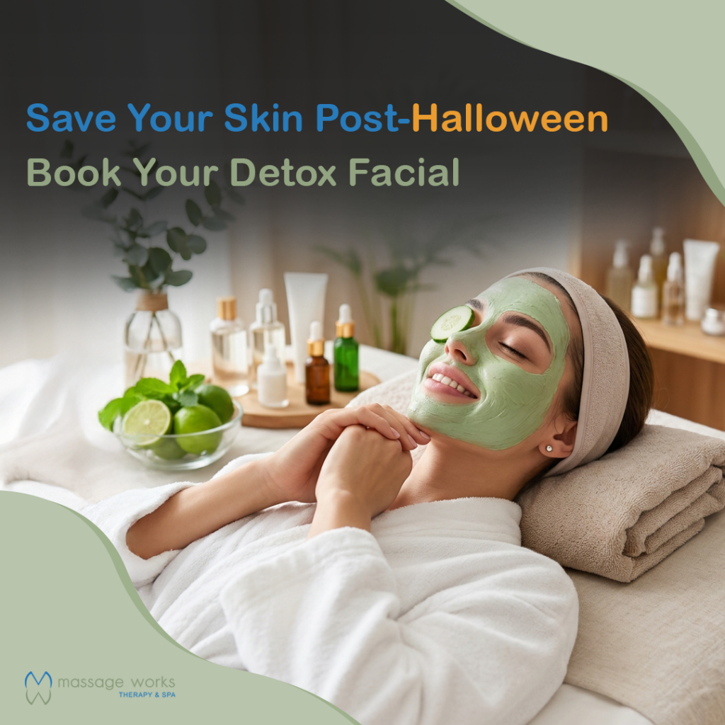 Esthetician performing a post-Halloween hydrating detox facial at Massage Works Therapy and Spa